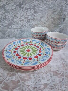 Dover & York Bohemian Dinner Plates And Bowls Set Hand-painted Colorful 4 Each